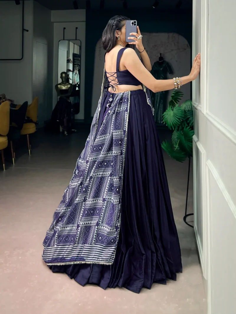 Navy Blue Moonga Silk Dandiya Navratri Lehenga back side look