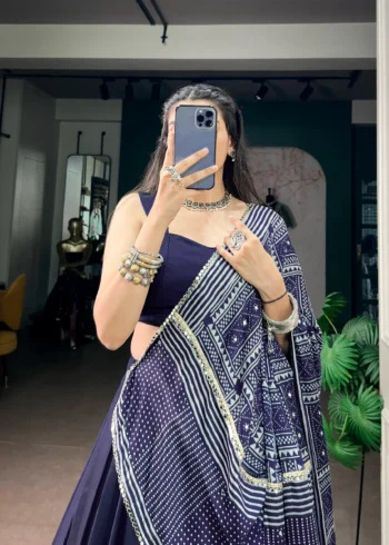 Navy Blue Moonga Silk Dandiya Navratri Lehenga close look