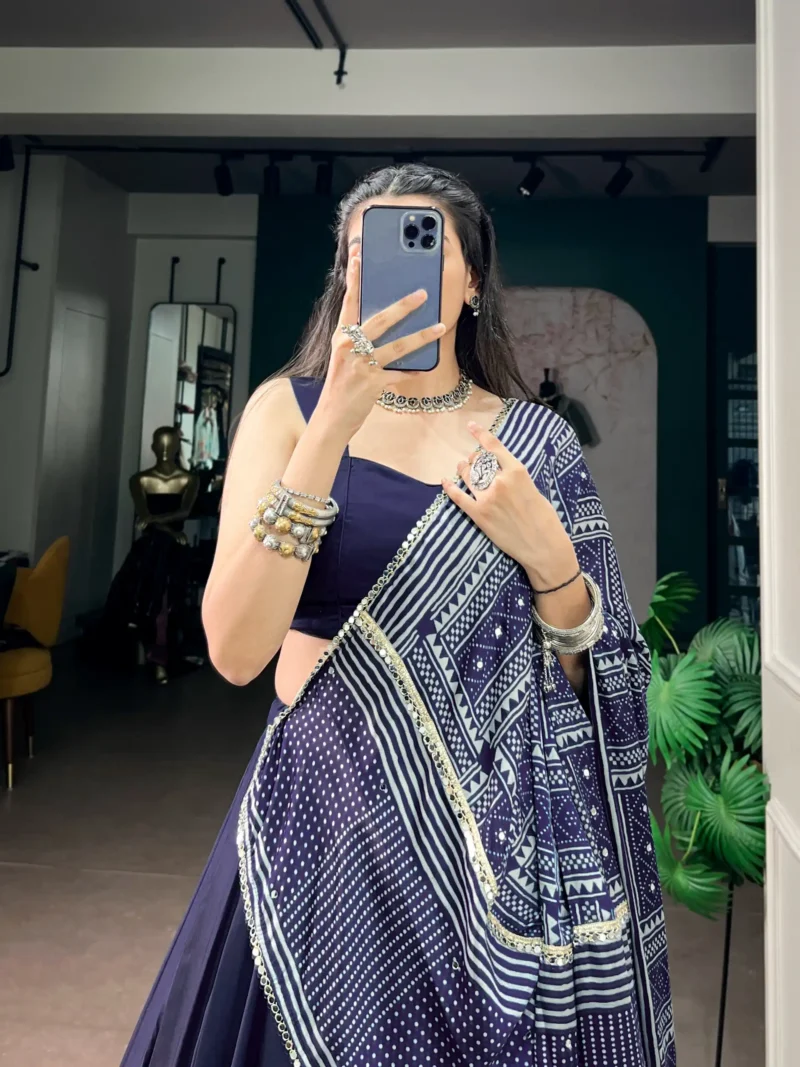 Navy Blue Moonga Silk Dandiya Navratri Lehenga close look