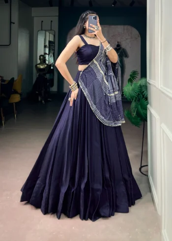 Navy Blue Moonga Silk Dandiya Navratri Lehenga front look