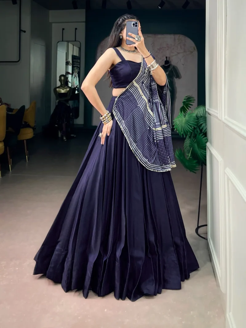 Navy Blue Moonga Silk Dandiya Navratri Lehenga front look