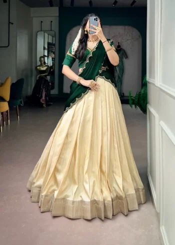 Off White Kerala Half Saree Lehenga for Onam with Zardozi Blouse front design
