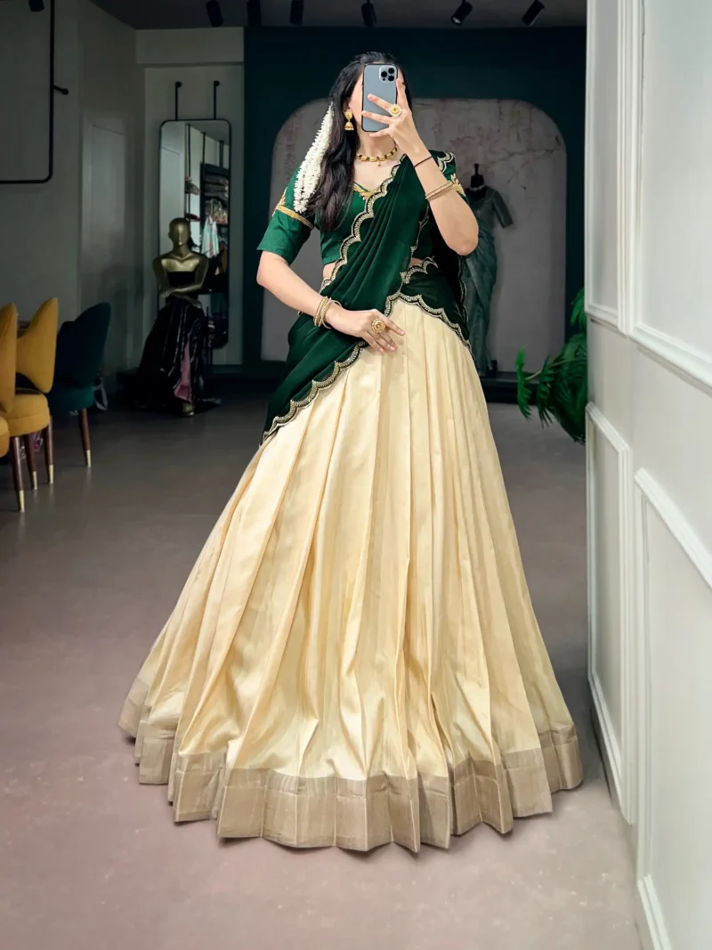 Off White Kerala Half Saree Lehenga for Onam with Zardozi Blouse front design