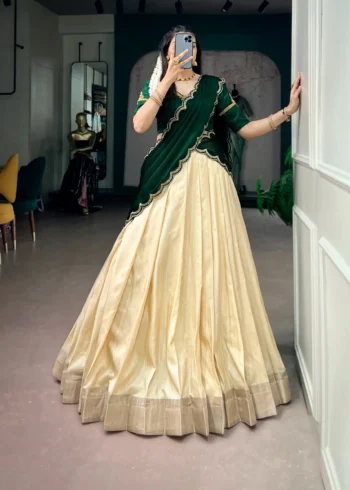 Off White Kerala Half Saree Lehenga for Onam with Zardozi Blouse front look