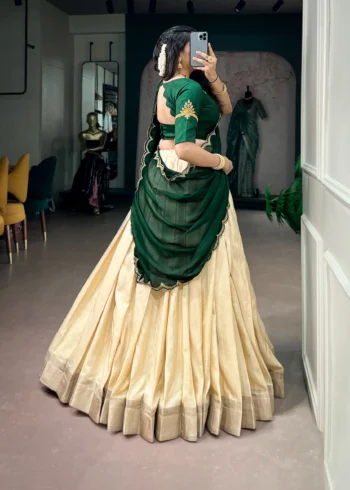 Off White Kerala Half Saree Lehenga for Onam with Zardozi Blouse back side look