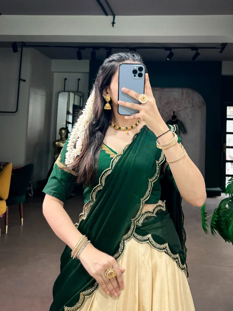 Off White Kerala Half Saree Lehenga for Onam with Zardozi Blouse close look