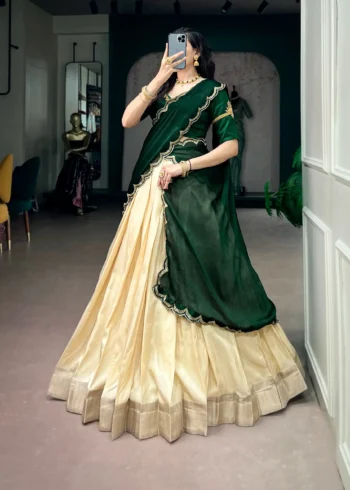 Off White Kerala Half Saree Lehenga for Onam with Zardozi Blouse side look