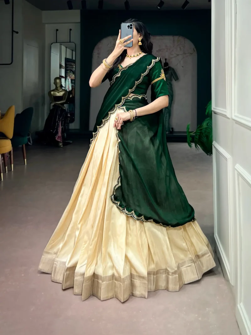 Off White Kerala Half Saree Lehenga for Onam with Zardozi Blouse side look