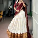 Off White Silk Cotton Zari Onam Half Saree Lehenga with Maroon blouse and dupatta