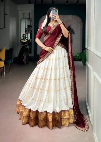 Off White Silk Cotton Zari Onam Half Saree Lehenga with Maroon blouse and dupatta