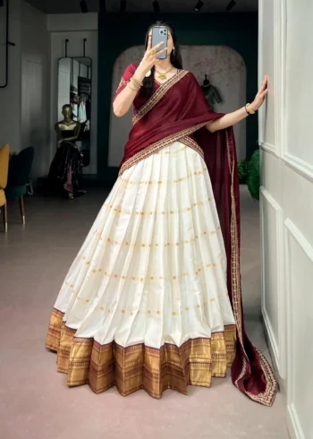 Off White Silk Cotton Zari Onam Half Saree Lehenga front look