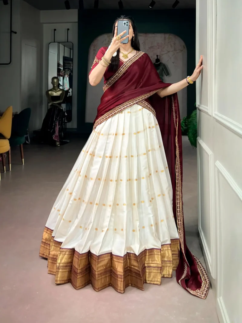Off White Silk Cotton Zari Onam Half Saree Lehenga front look