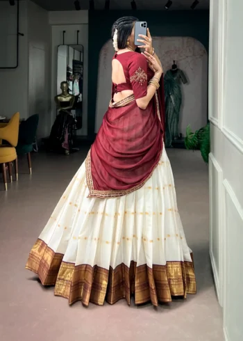 Off White Silk Cotton Zari Onam Half Saree Lehenga back design