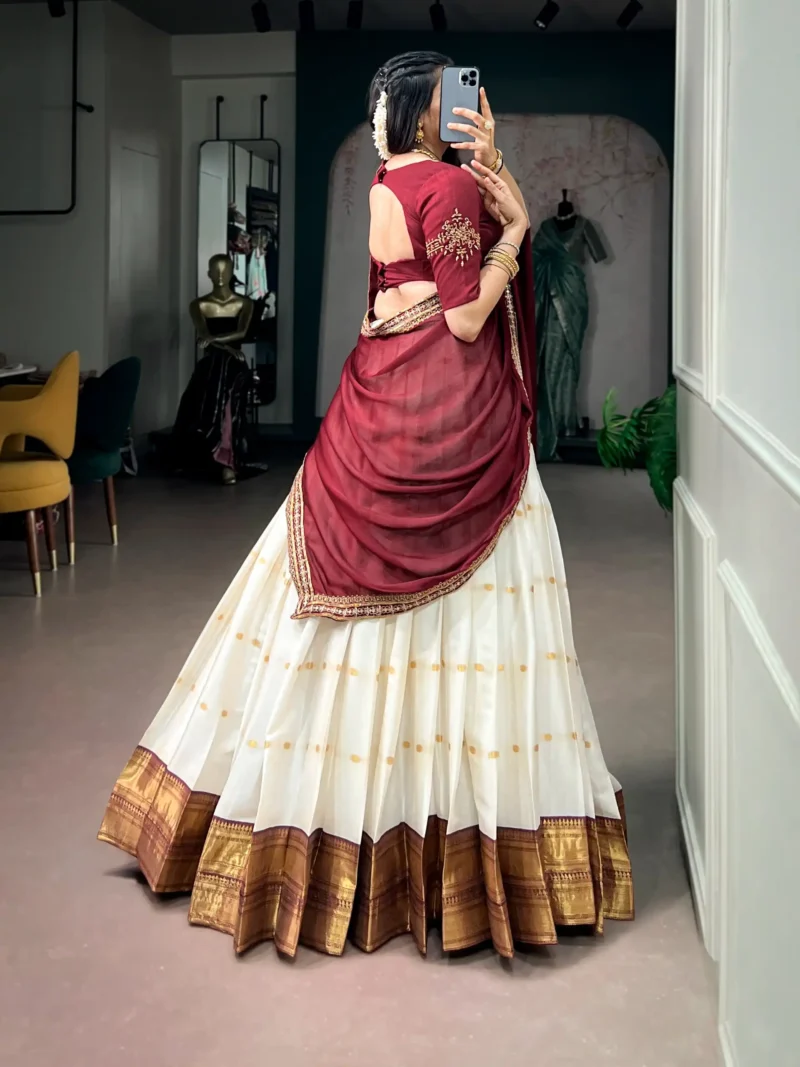 Off White Silk Cotton Zari Onam Half Saree Lehenga back design