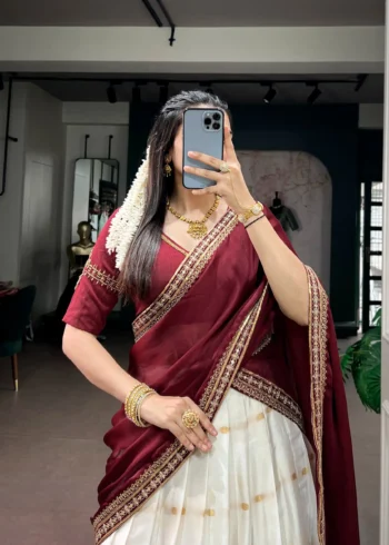 Off White Silk Cotton Zari Onam Half Saree Lehenga close look