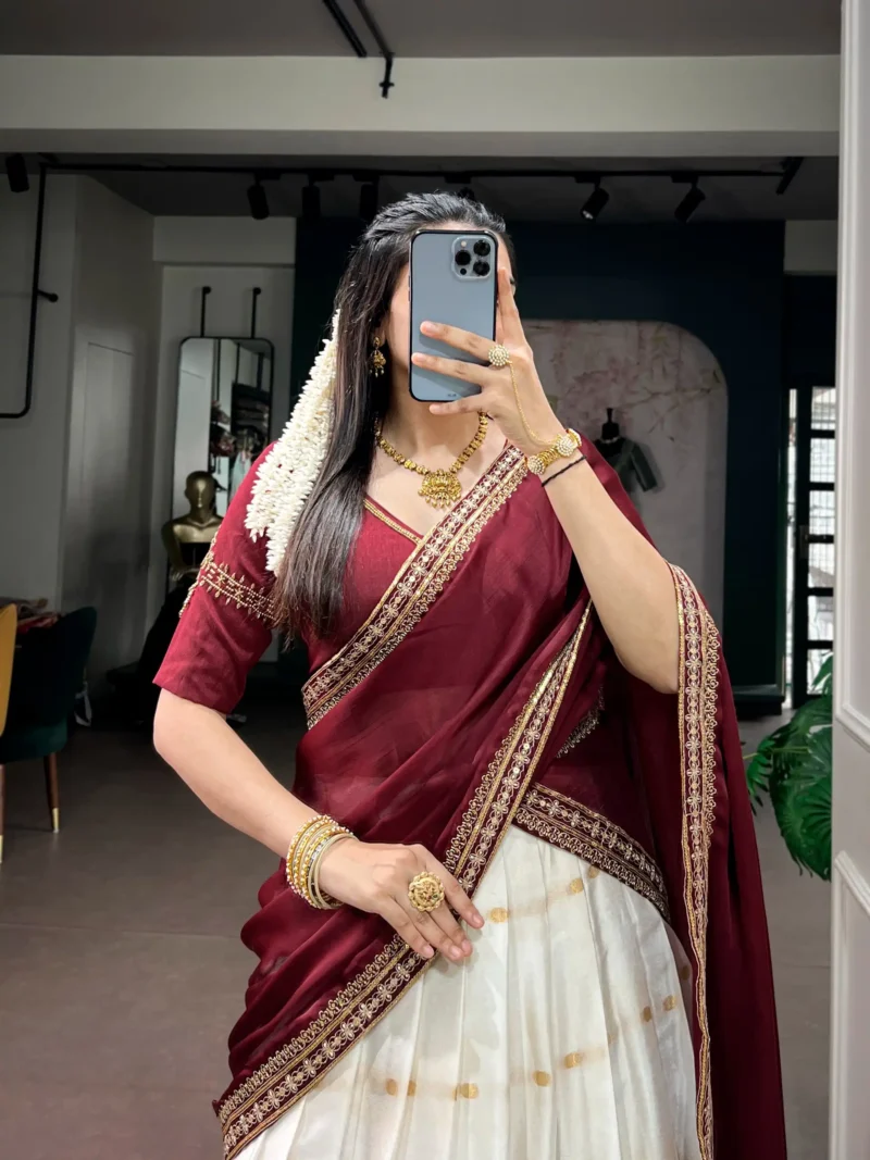 Off White Silk Cotton Zari Onam Half Saree Lehenga close look