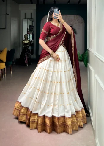Off White Silk Cotton Zari Onam Half Saree Lehenga side look