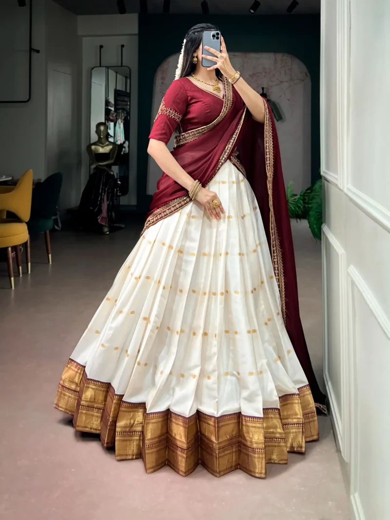 Off White Silk Cotton Zari Onam Half Saree Lehenga side look