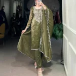 Olive Green Punjabi Salwar Suit with Gold Crush Embroidery full front look