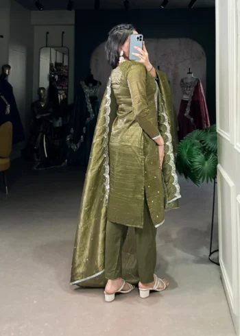 Olive Green Punjabi Salwar Suit with Gold Crush Embroidery back side look