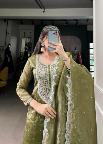 Olive Green Punjabi Salwar Suit with Gold Crush Dupatta - Image 5
