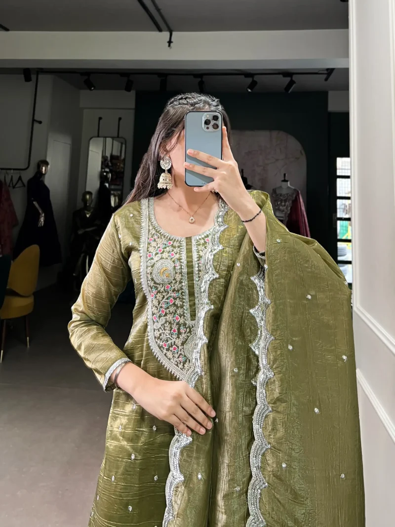 Olive Green Punjabi Salwar Suit with Gold Crush Dupatta - Image 5