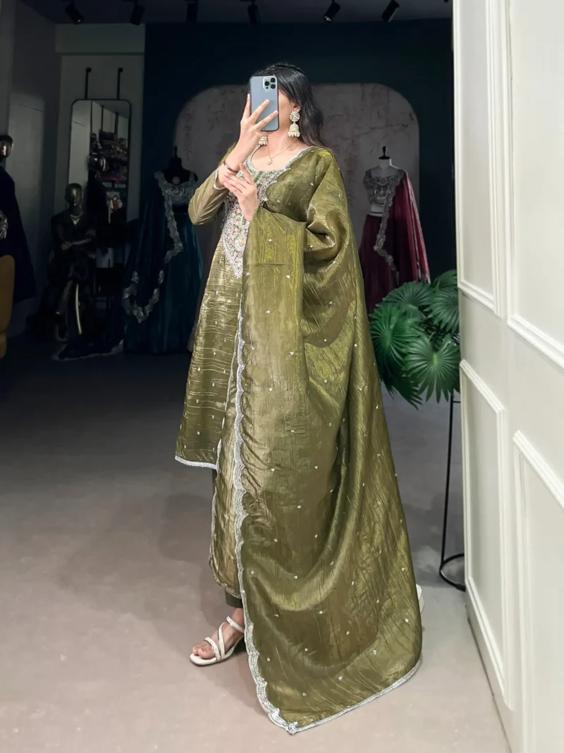 Olive Green Punjabi Salwar Suit with Gold Crush Embroidery front look