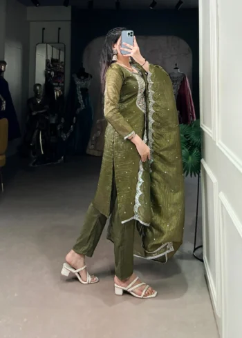 Olive Green Punjabi Salwar Suit with Gold Crush Embroidery side look