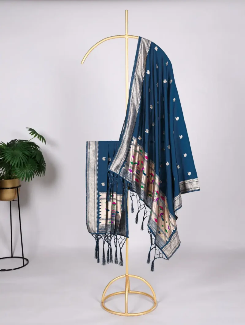 Dark Blue Colour Paithani Jacquard Dupatta with Zari Weaving and Tassels