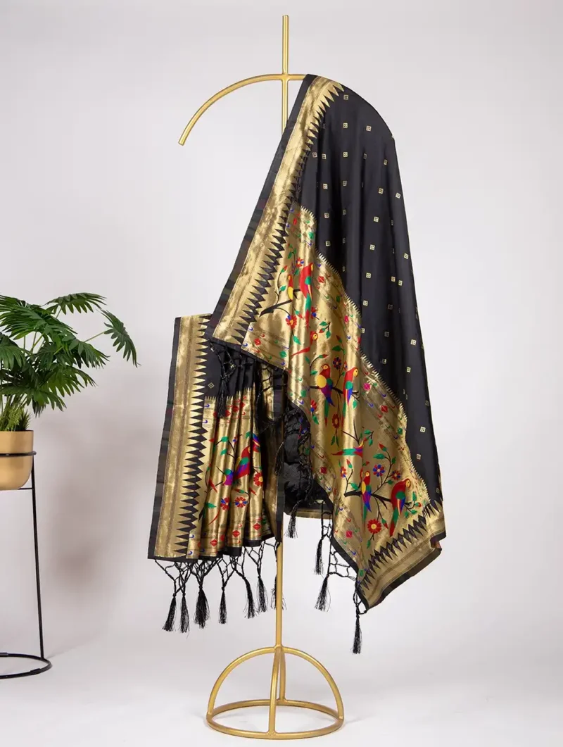 Black Colour Paithani Jacquard Dupatta with Zari Weaving and Tassels