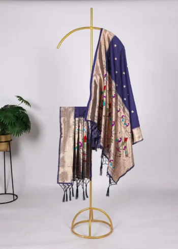 Navy Blue Colour Paithani Jacquard Dupatta with Zari Weaving and Tassels
