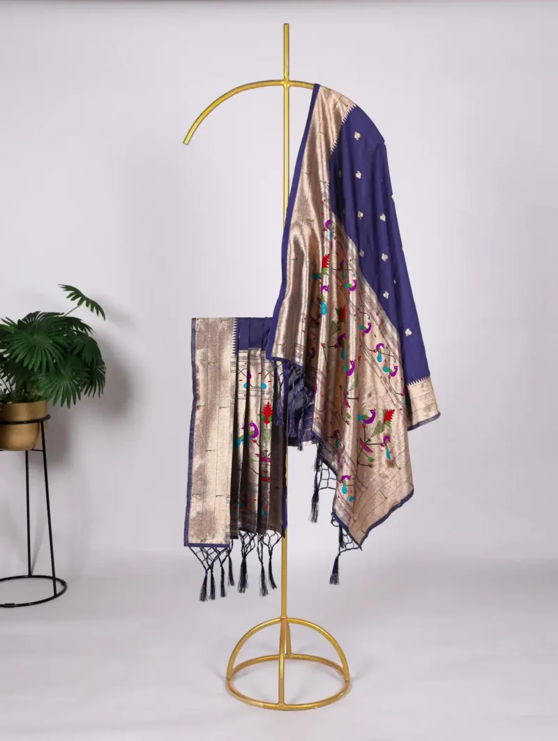 Navy Blue Colour Paithani Jacquard Dupatta with Zari Weaving and Tassels