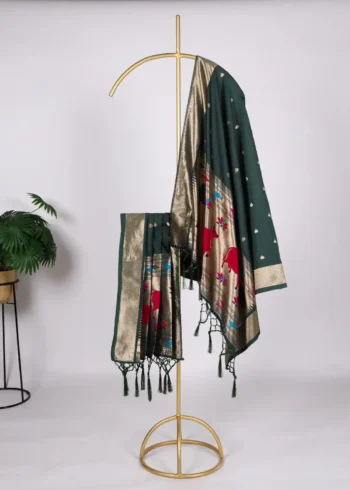 Olive Colour Paithani Jacquard Dupatta with Zari Weaving and Tassels