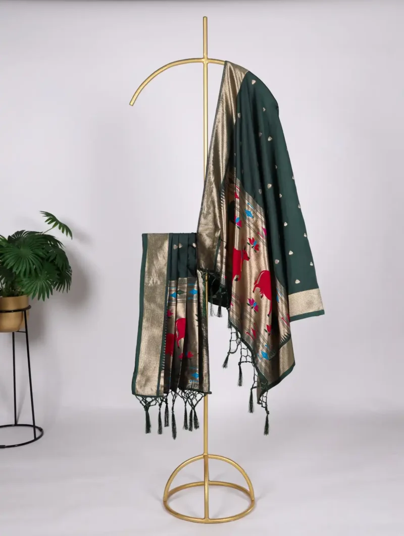Olive Colour Paithani Jacquard Dupatta with Zari Weaving and Tassels