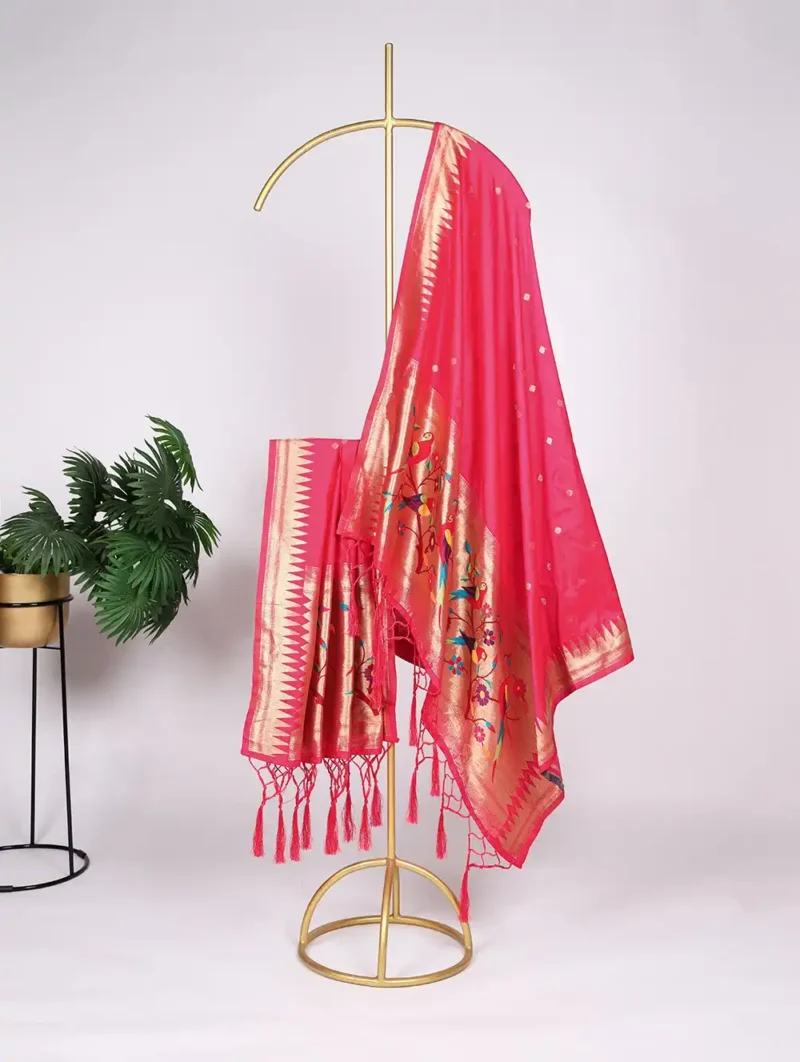 Pink Colour Paithani Jacquard Dupatta with Zari Weaving and Tassels