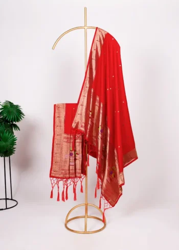 Red Colour Paithani Jacquard Dupatta with Zari Weaving and Tassels