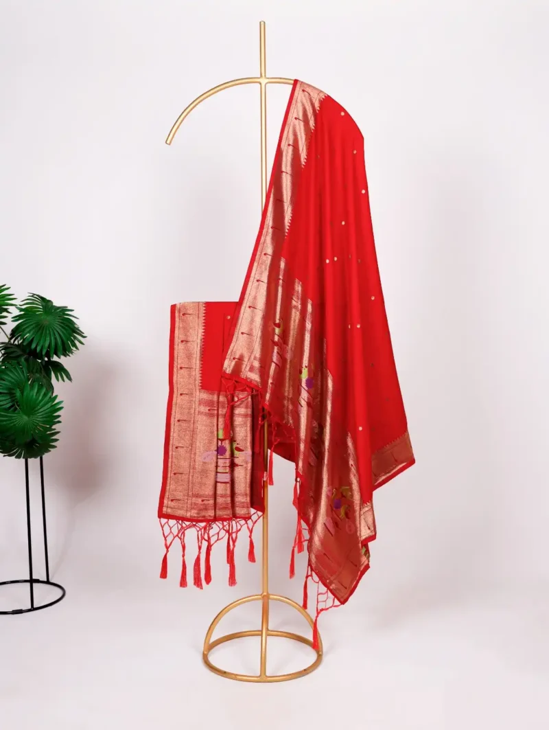 Red Colour Paithani Jacquard Dupatta with Zari Weaving and Tassels