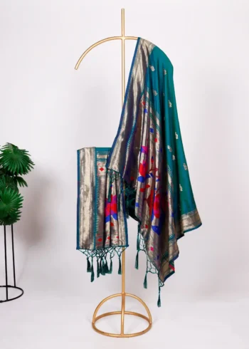 Teal Colour Paithani Jacquard Dupatta with Zari Weaving and Tassels