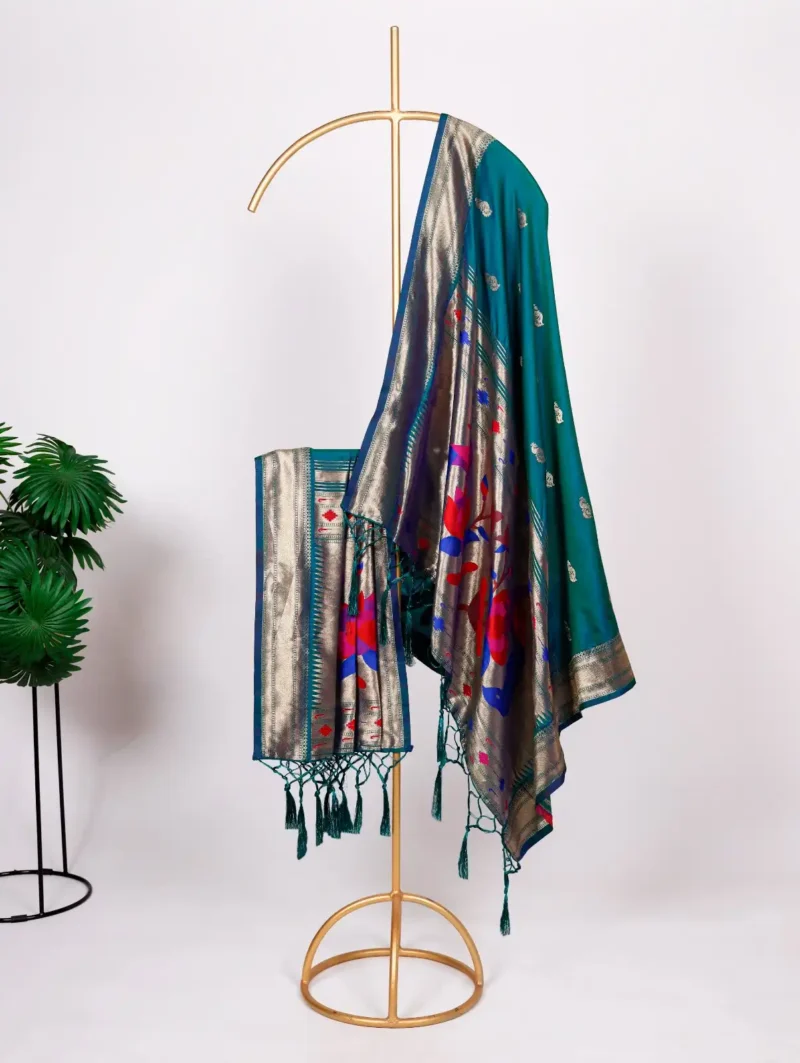 Teal Colour Paithani Jacquard Dupatta with Zari Weaving and Tassels