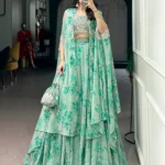 Pastel Green Floral Georgette Cape Style Lehenga with Embroidery