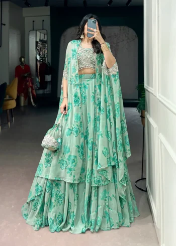 Pastel Green Floral Georgette Cape Style Lehenga with Embroidery