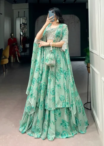 Pastel Green Floral Georgette Cape Style Lehenga with Embroidery side look