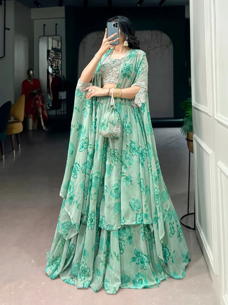 Pastel Green Floral Georgette Cape Style Lehenga with Embroidery side look