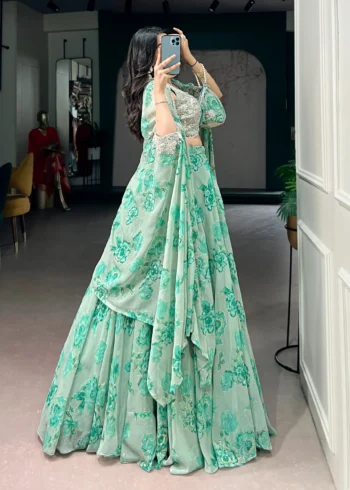 Pastel Green Floral Georgette Cape Style Lehenga with Embroidery back design