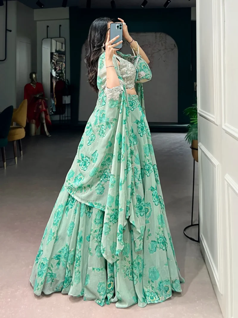 Pastel Green Floral Georgette Cape Style Lehenga with Embroidery back design