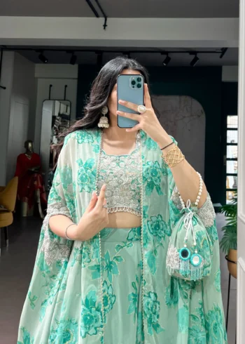 Pastel Green Floral Georgette Cape Style Lehenga with Embroidery close look