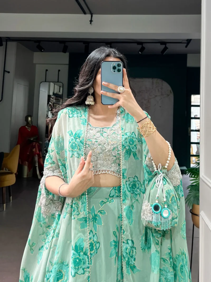 Pastel Green Floral Georgette Cape Style Lehenga with Embroidery close look
