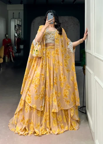 Pastel Mustard Floral Georgette Cape Style Lehenga with Embroidery