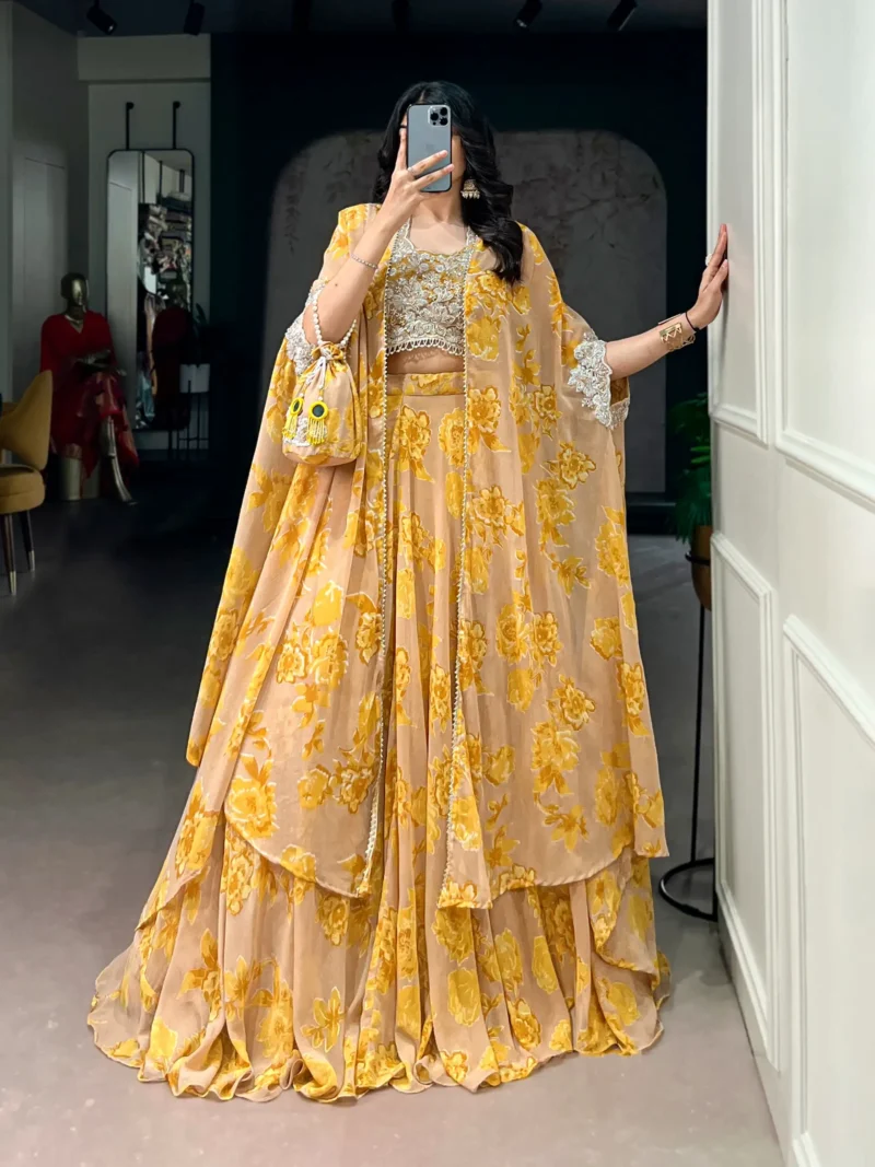Pastel Mustard Floral Georgette Cape Style Lehenga with Embroidery
