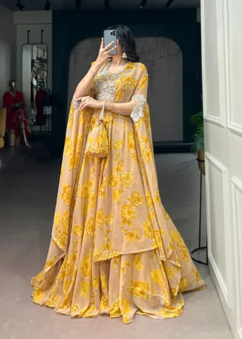 Pastel Mustard Floral Georgette Cape Style Lehenga with Embroidery side look